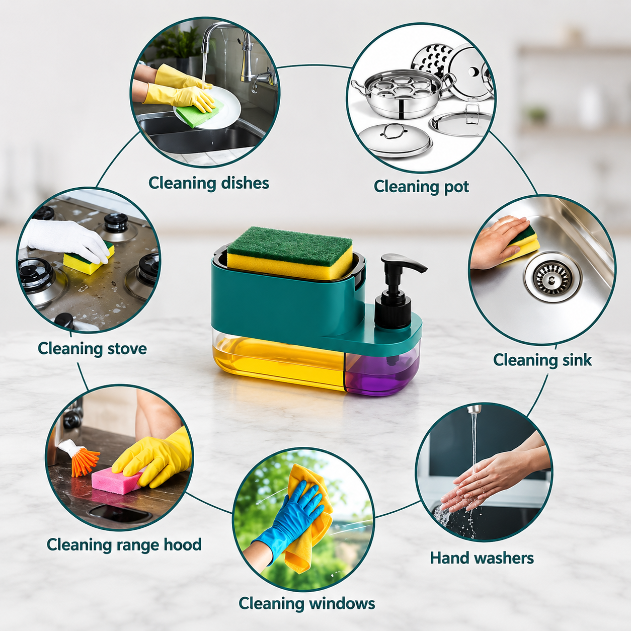 3 in 1 Soap Dispenser for Kitchen Dishwasher Liquid Dispenser Pump with Sponge Kitchen Cleaner